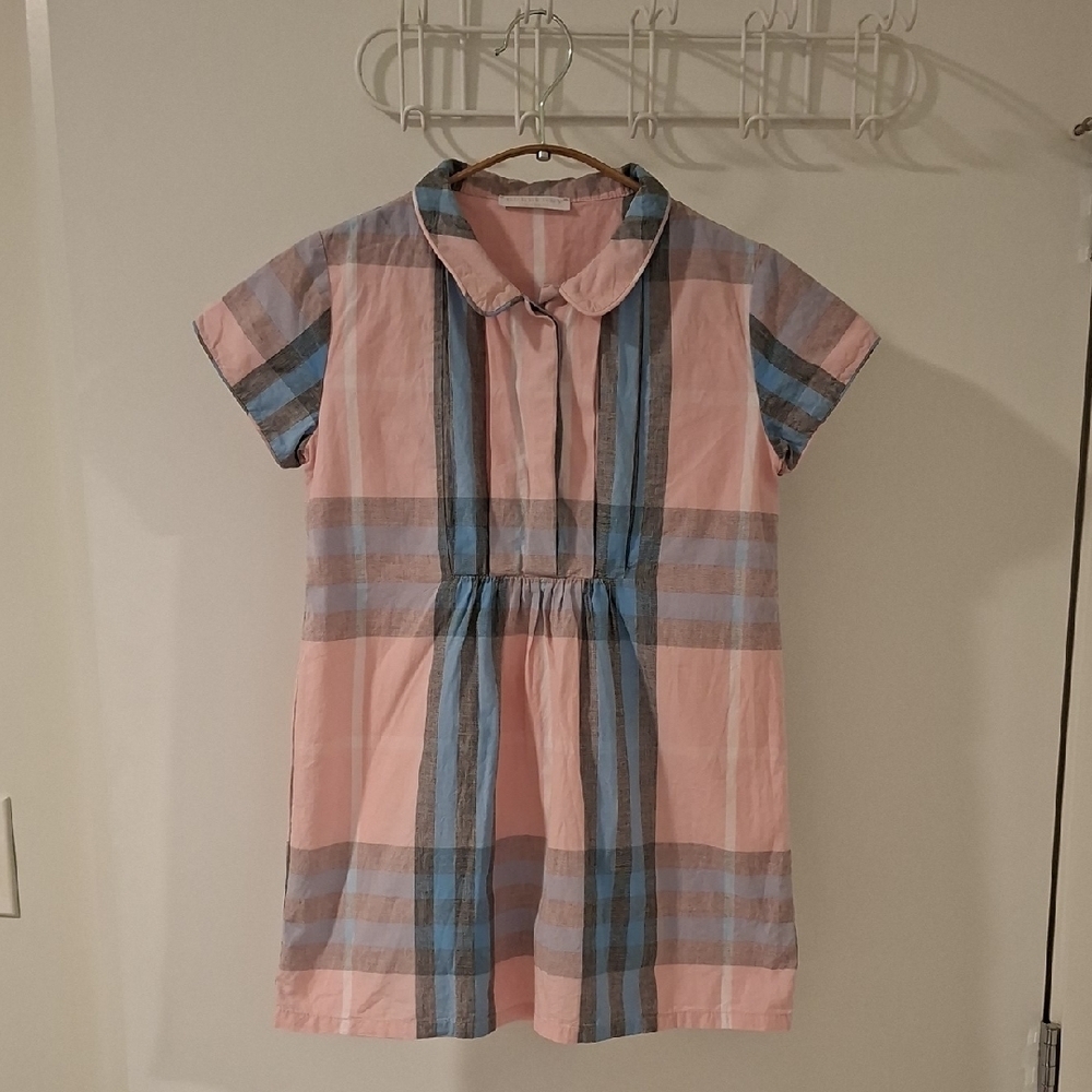 Burberry Kids Pink & Blue Plaid Dress with Peter Pan Collar (Size US 6-9)